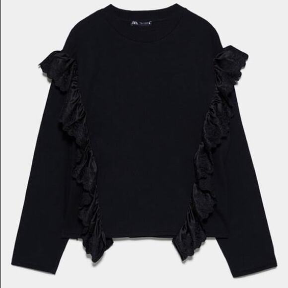 ZARA Eyelet Crewneck Ruffle Long Sleeve Sweatshirt Top Black - Picture 2 of 7